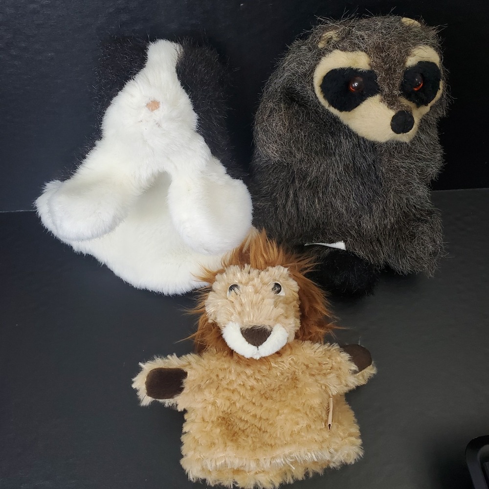Folkmanis Puppet Lot Of 3 - Lion, Tuxedo Cat, Raccoon, All Child Size Mitt Style